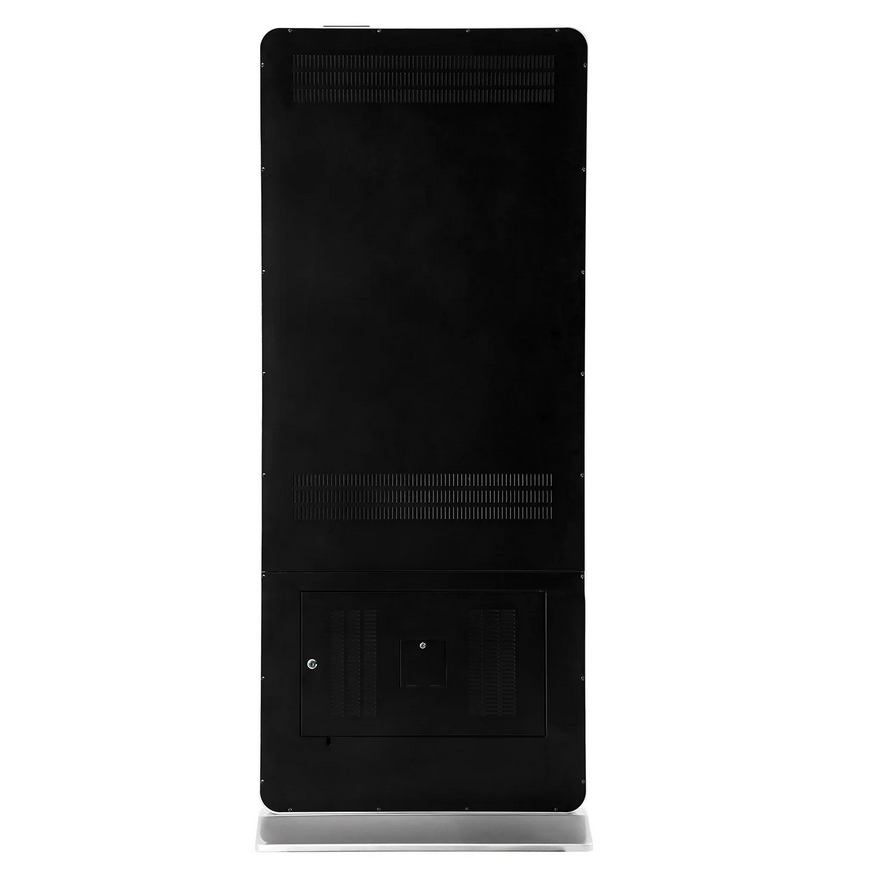 Rear view of LEDScopic 55" 4K Vertical USB Kiosk in black with vents and lower panel door.