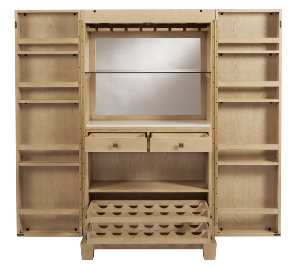 American Heritage Billiards Port Royal Cabinet with mirror, shelves, drawers, and wine storage.