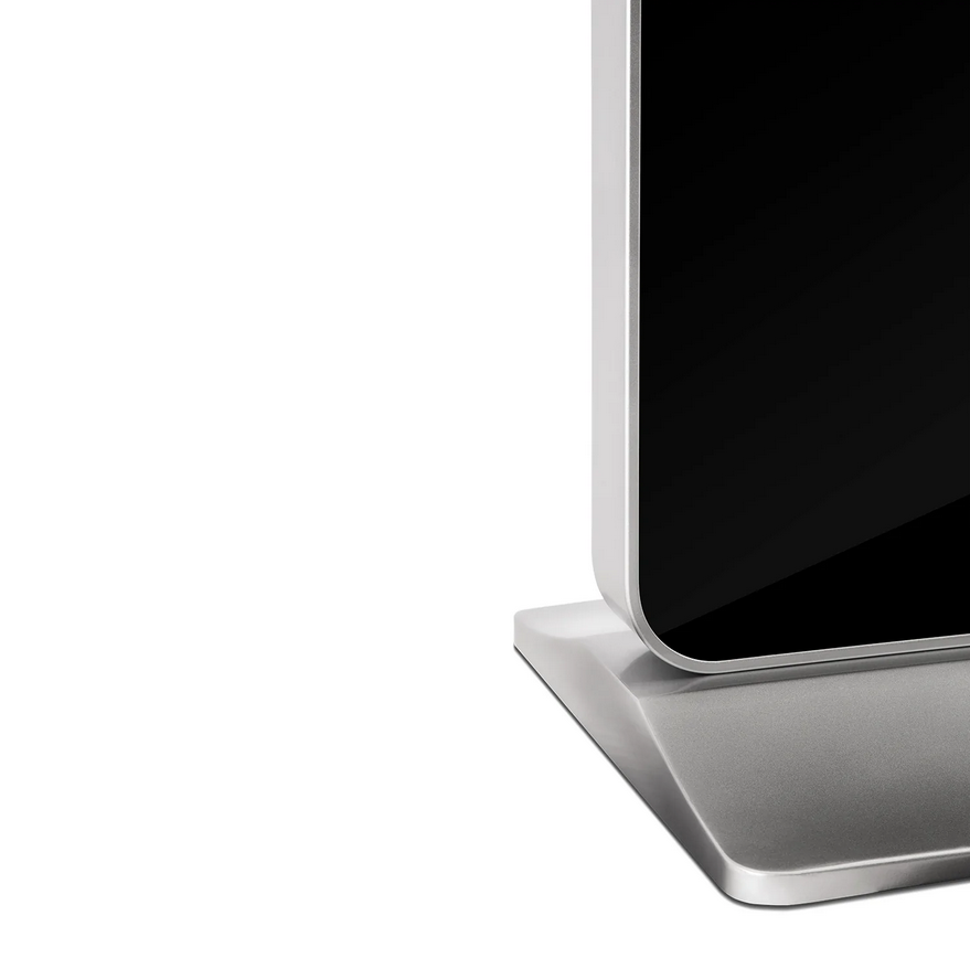 Close-up of the LEDScopic 55" 4K Vertical Digital USB Player Kiosk with a silver stand.