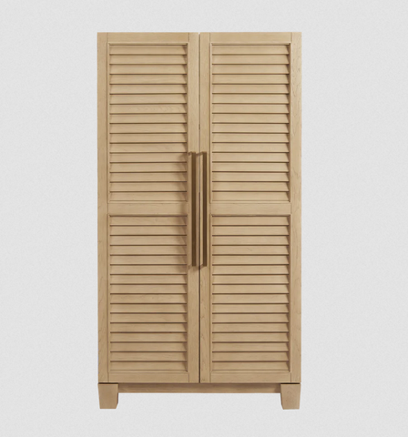 American Heritage Billiards Port Royal cabinet with louvered doors and vertical handles.