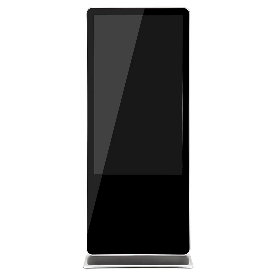 LEDScopic 49" 4K Vertical Digital Kiosk in black with touchscreen and silver base.