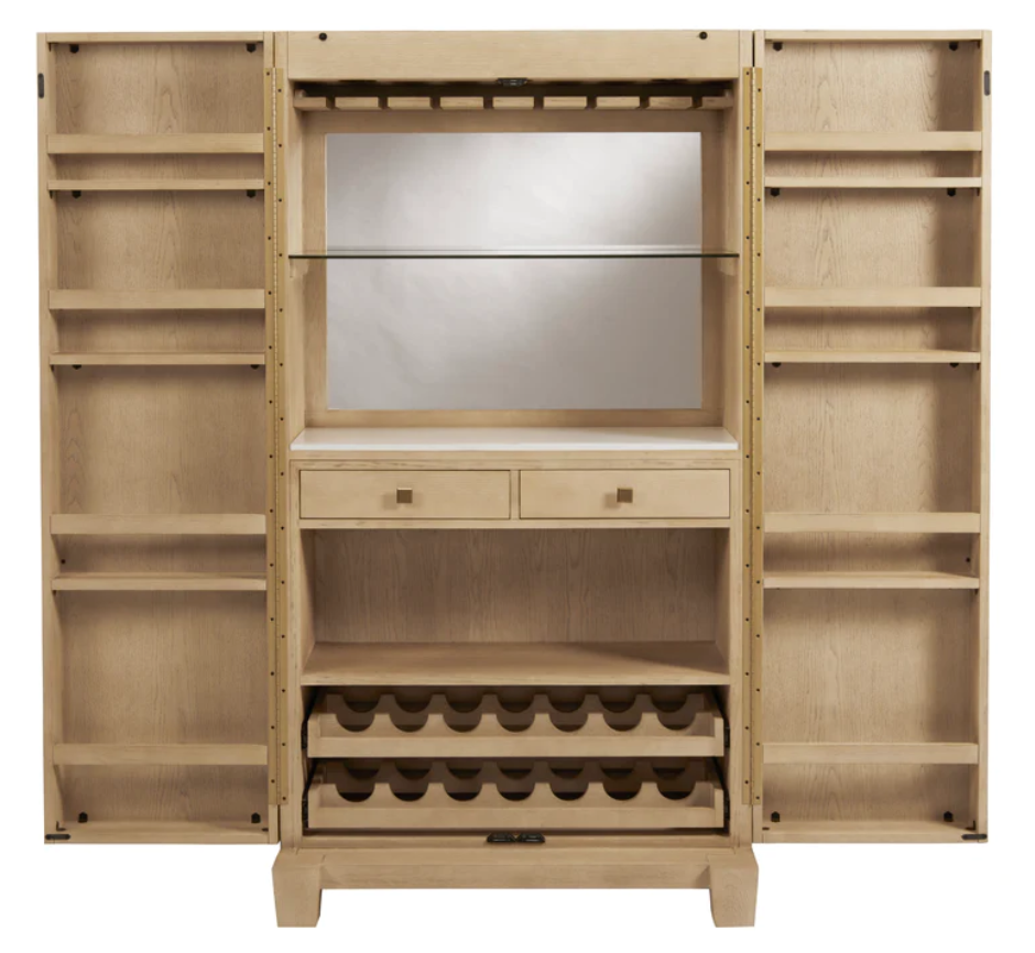 American Heritage Billiards Port Royal cabinet with shelves, drawers, racks, and mirror.