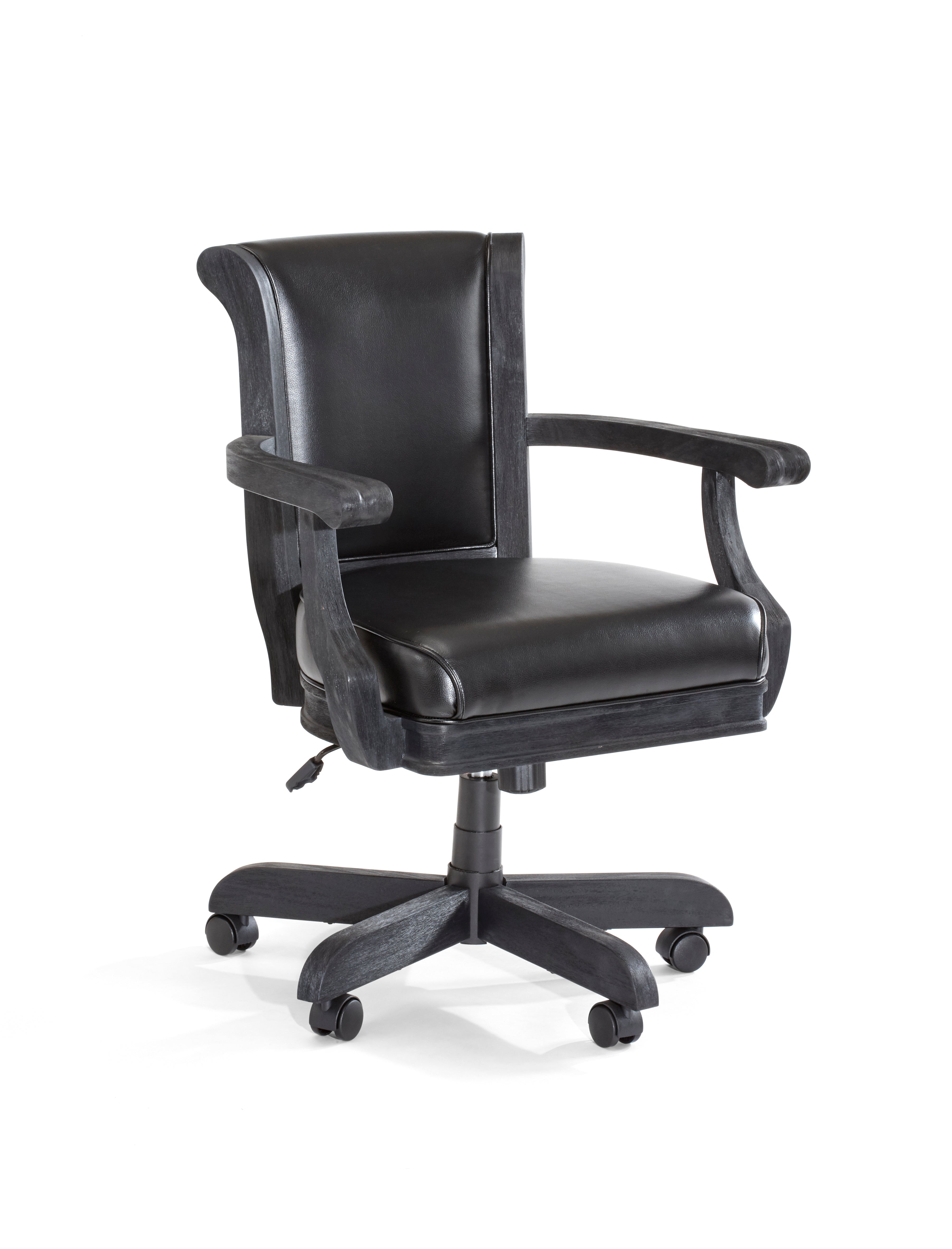 Black leather office chair with armrests, ideal for the Brunswick Billiards Centennial Game Table.
