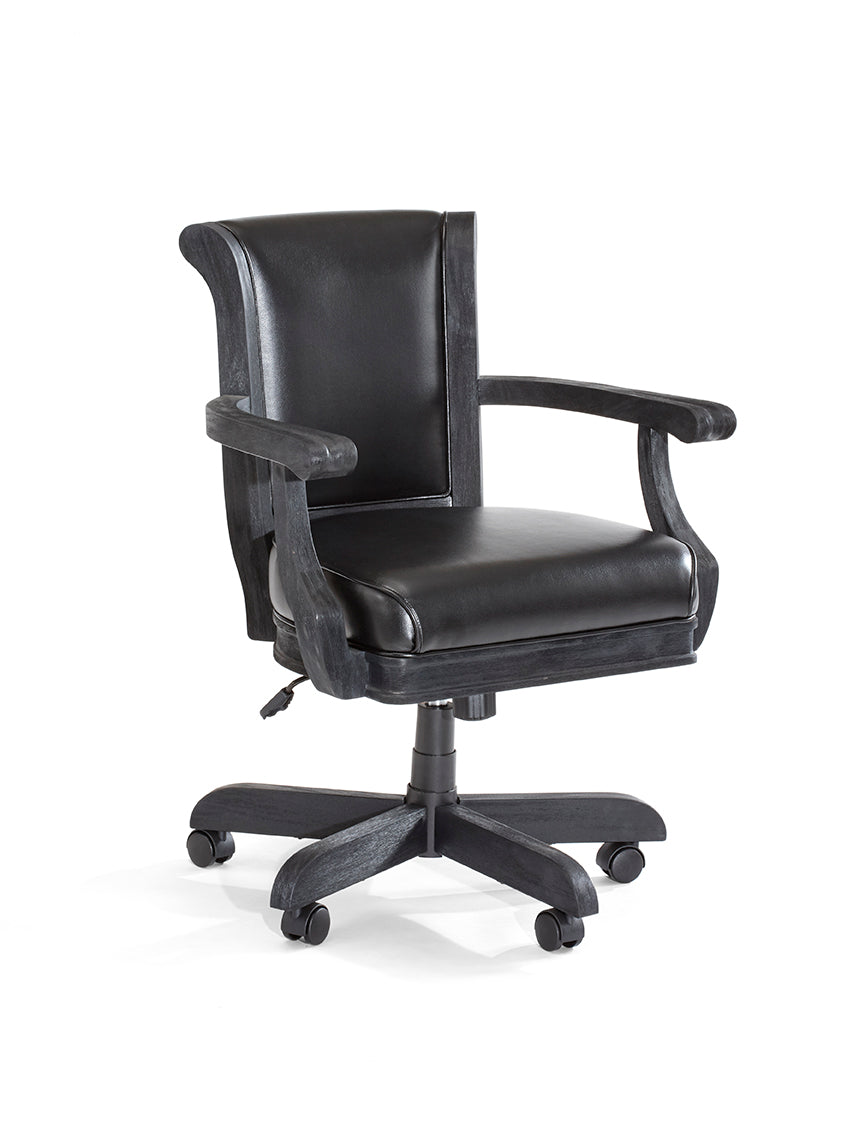 Black leather office chair suits any Brunswick Billiards Centennial Game Table in Black Wire Brush.