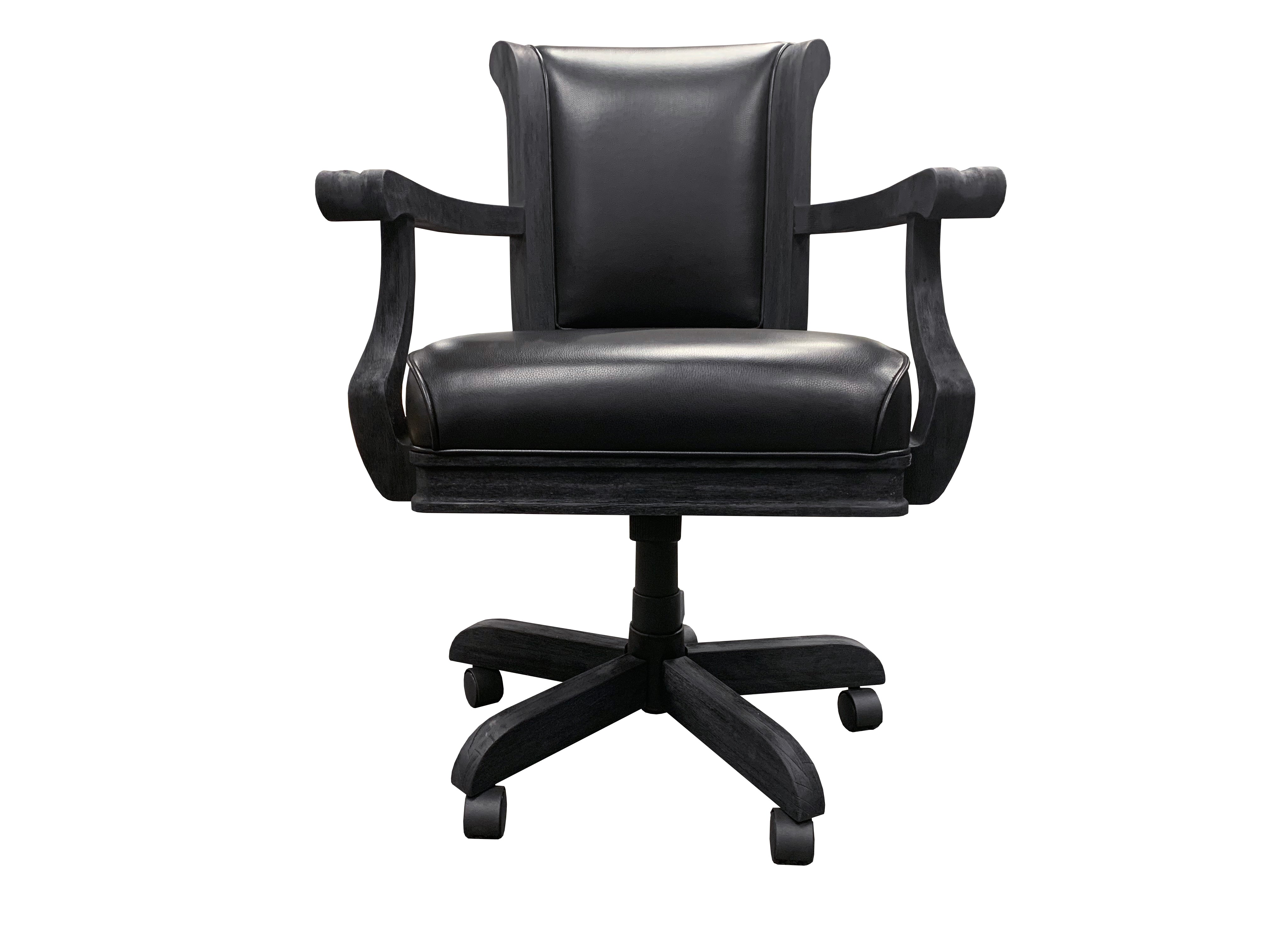Black leather office chair, ideal for Brunswick Billiards Centennial Game Table setups.