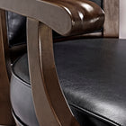 Close-up of the Brunswick Billiards Centennial Game Table in Espresso’s wooden armrest and surface.