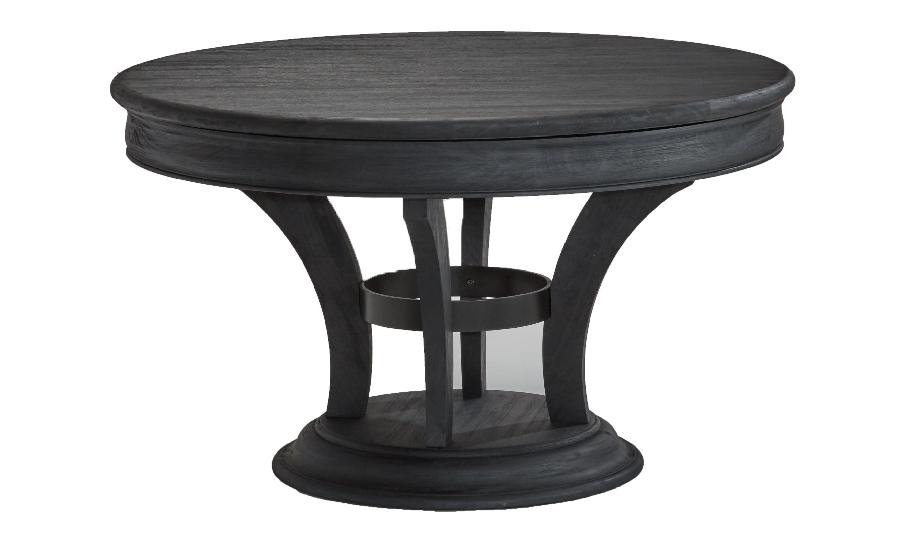 Brunswick Billiards Centennial Game Table in Black Wire Brush with pedestal and metal ring.