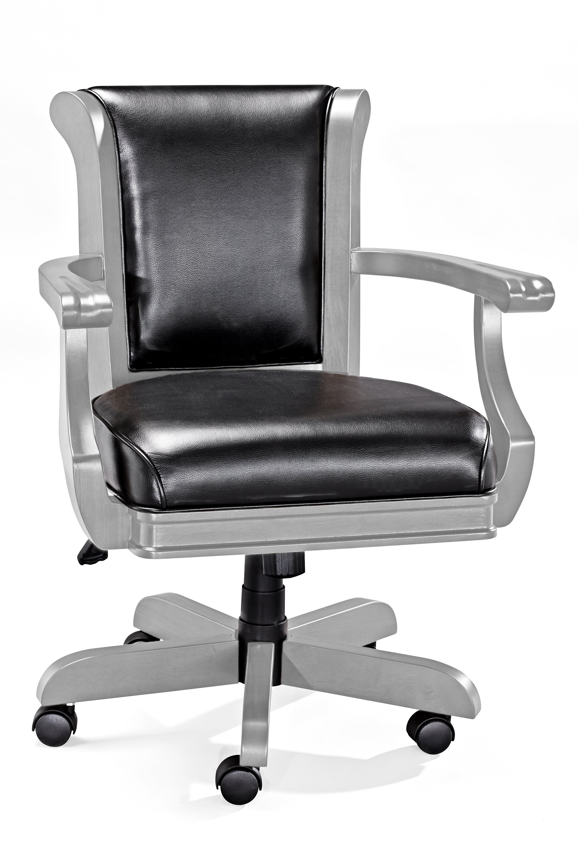 Black leather office chair pairs well with Brunswick Billiards Centennial Game Table in Rustic Grey.