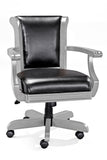 Black leather office chair pairs well with Brunswick Billiards Centennial Game Table in Rustic Grey.
