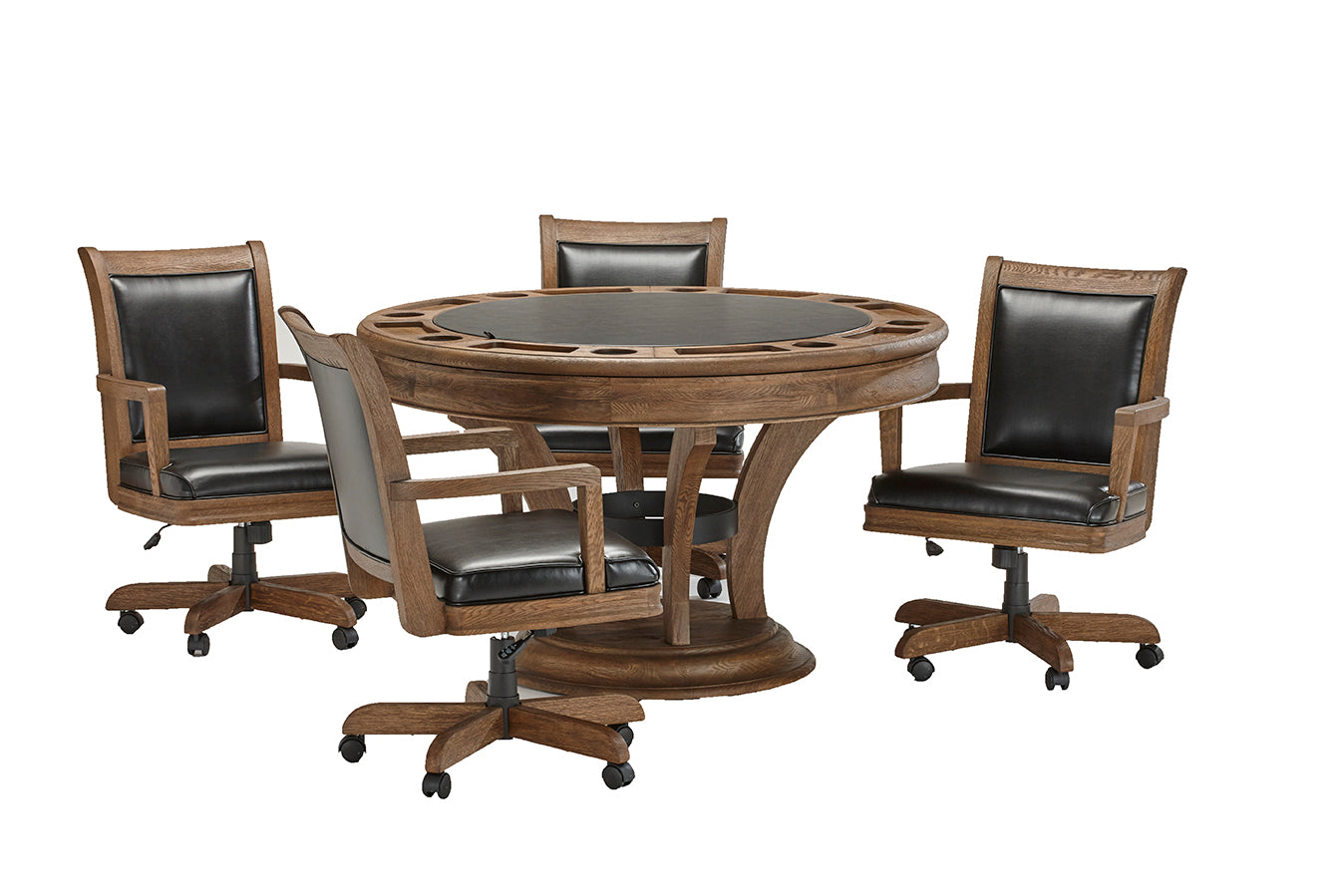 Brunswick Billiards Centennial Game Table in Rustic Dark Brown with 4 black leather swivel chairs.