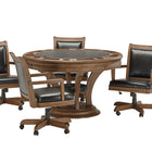 Brunswick Billiards Centennial Game Table in Rustic Dark Brown with 4 black leather swivel chairs.