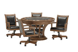 Brunswick Billiards Centennial Game Table in Rustic Dark Brown with 4 black leather swivel chairs.