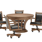 Brunswick Billiards Centennial Game Table in Rustic Dark Brown with 4 black swivel chairs.