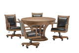 Brunswick Billiards Centennial Game Table in Rustic Dark Brown with 4 black swivel chairs.