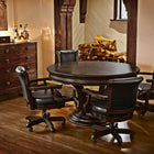 Brunswick Billiards Centennial Game Table in Espresso with four black chairs and bar cabinet nearby.