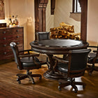 Brunswick Billiards Centennial Game Table in Espresso with four chairs and bar cabinet.