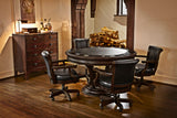 Brunswick Billiards Centennial Game Table in Espresso with four chairs and bar cabinet.