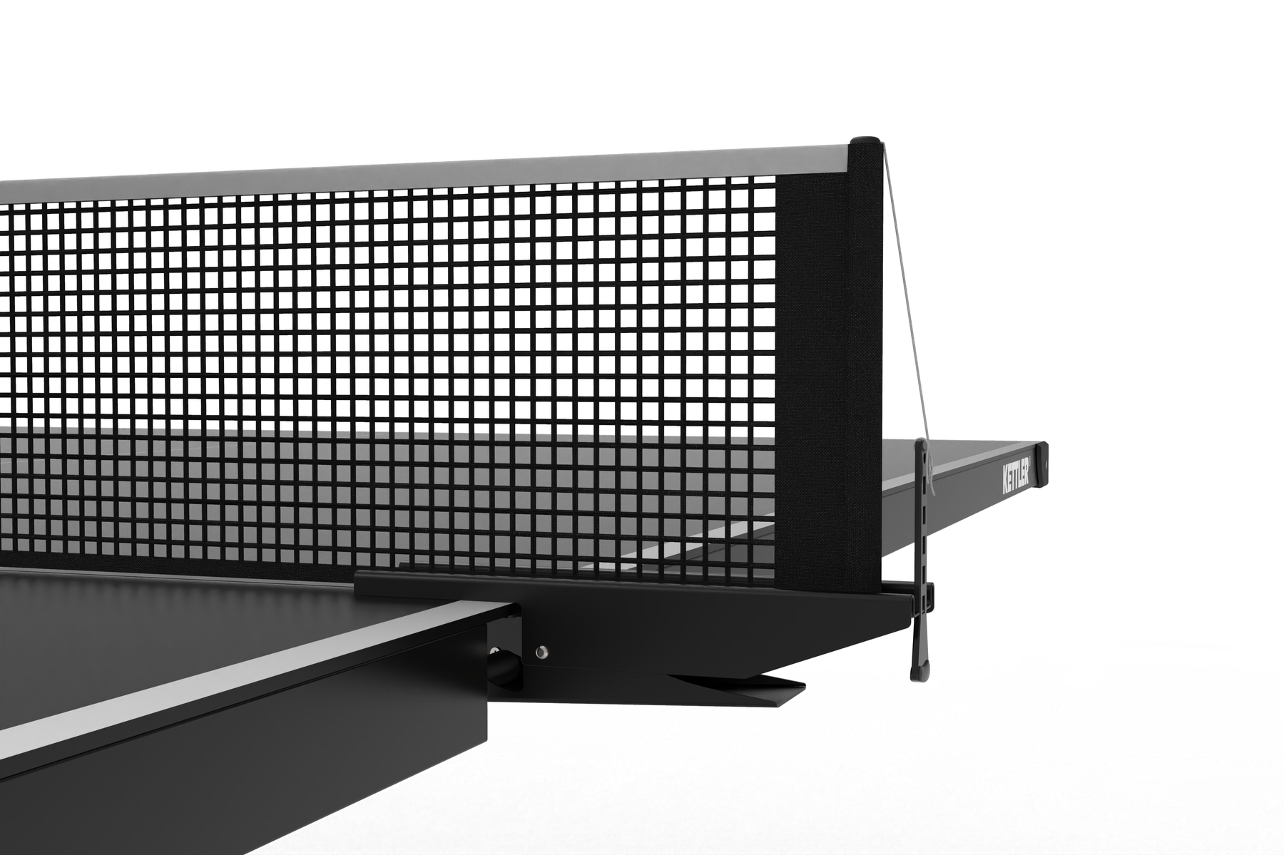 Close-up of a ping pong table net on a white background
