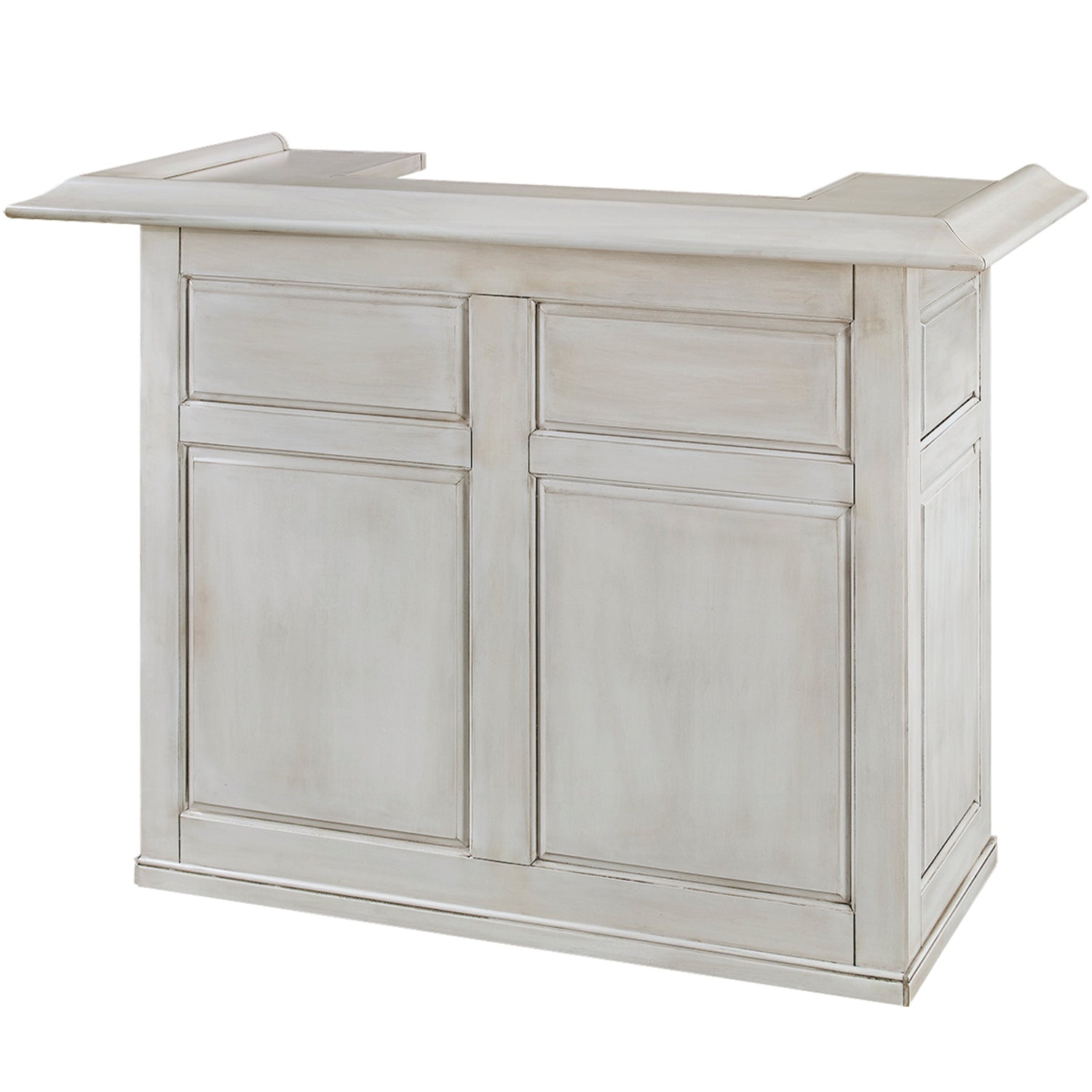 RAM Game Room 60" Bar in antique white features raised edges, paneled sides, and a removable shelf.