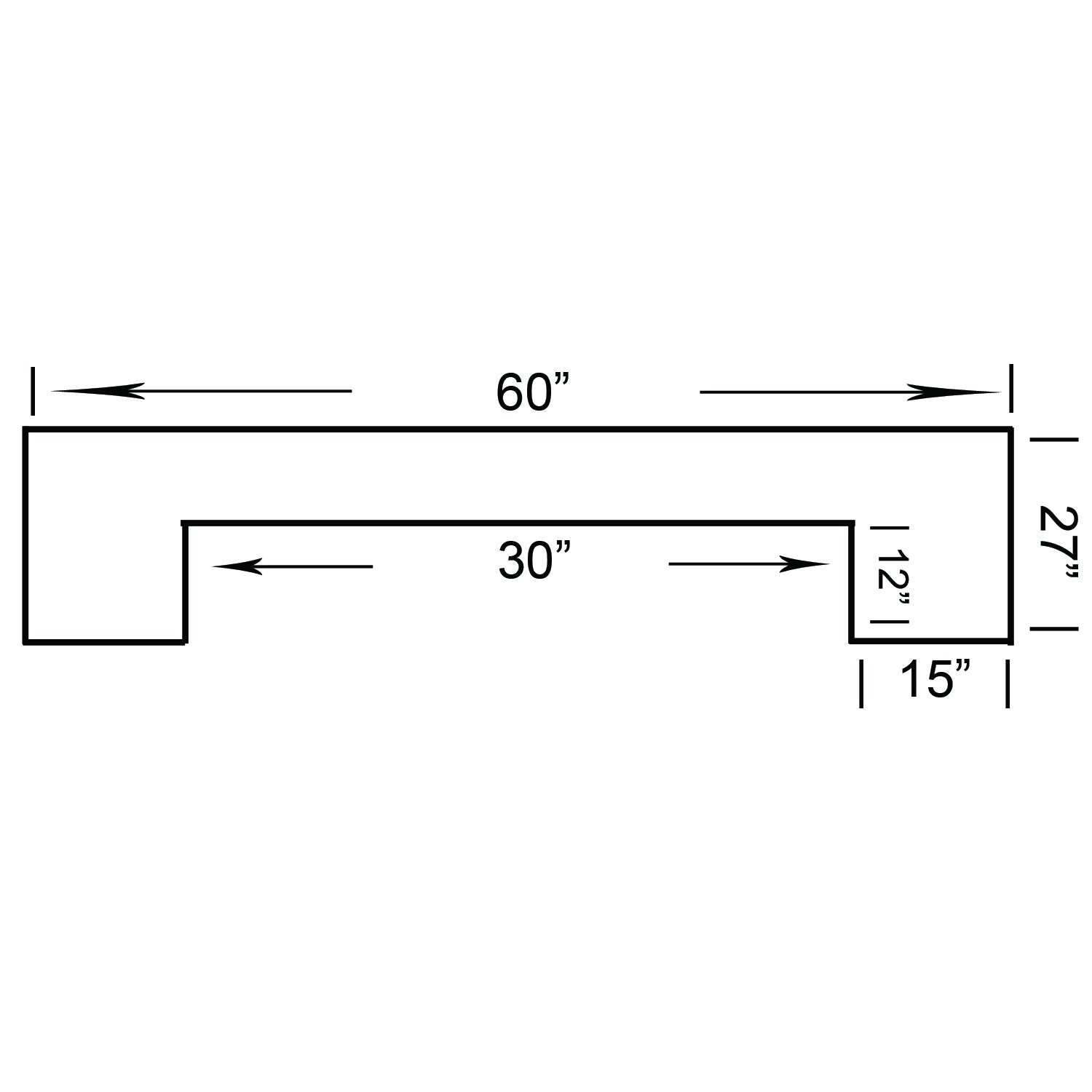 Line drawing of the RAM Game Room 60" Bar - Black with labeled dimensions: 60, 27, 15, 12, 30.