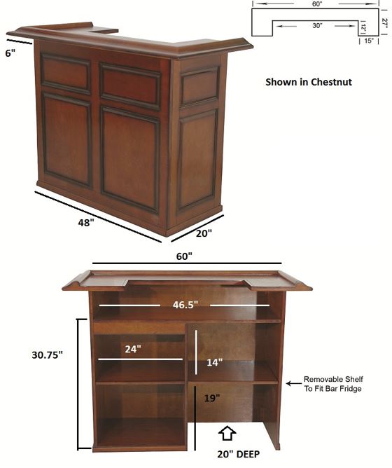 RAM Game Room 60" Bar in black with shelves and storage; see dimensions.