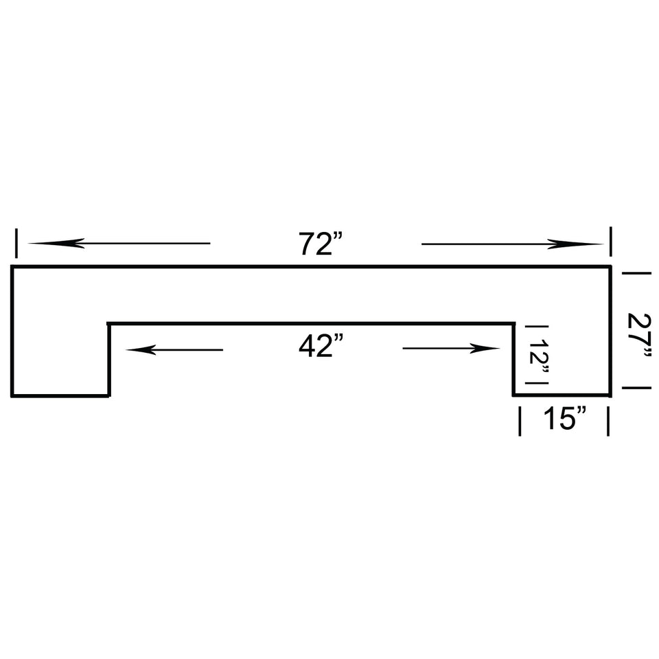 Black line diagram of RAM Game Room 72" Bar - Slate, U-shaped, with labeled dimensions.
