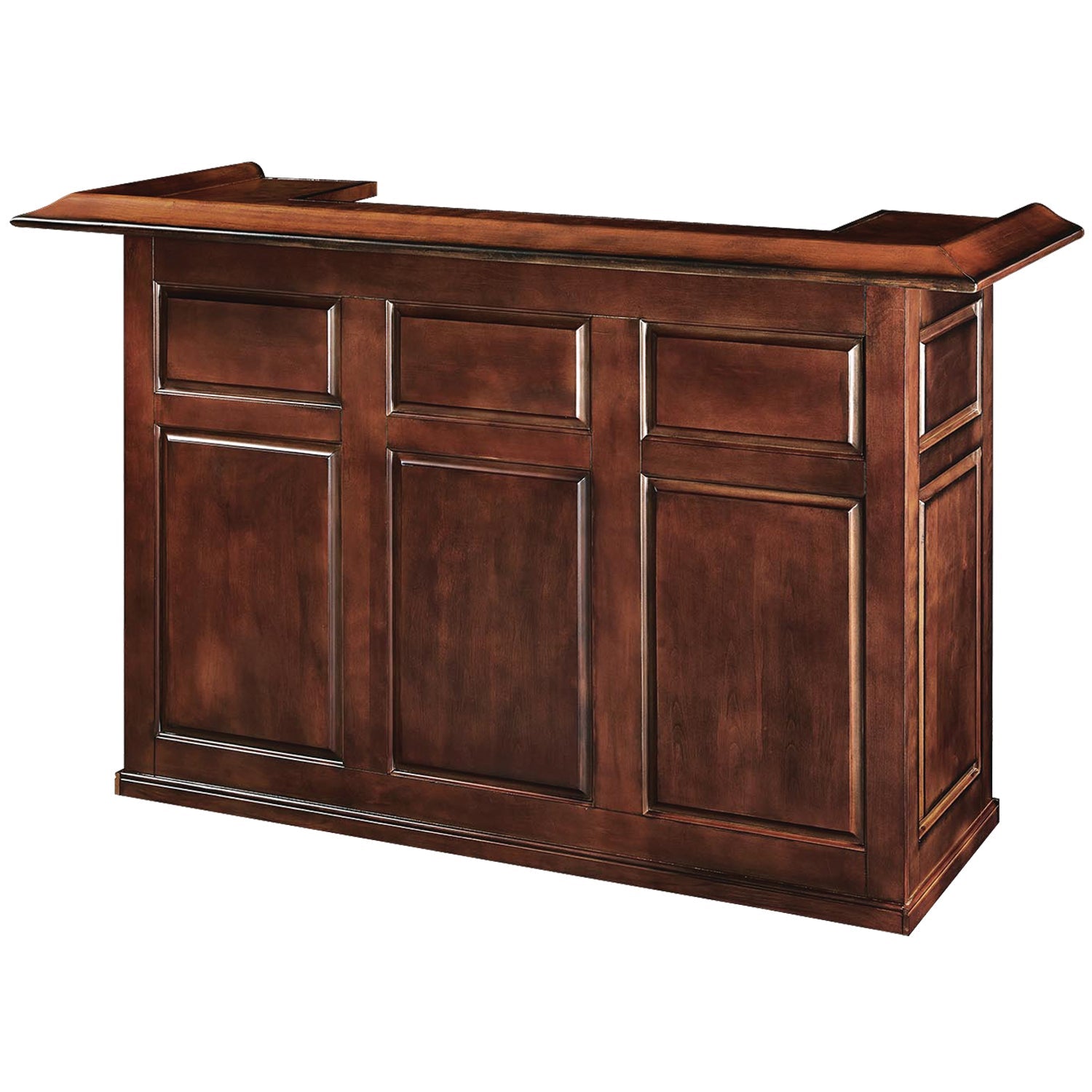 The RAM Game Room 72" Bar in chestnut has three panels and a raised ledge for home bars.