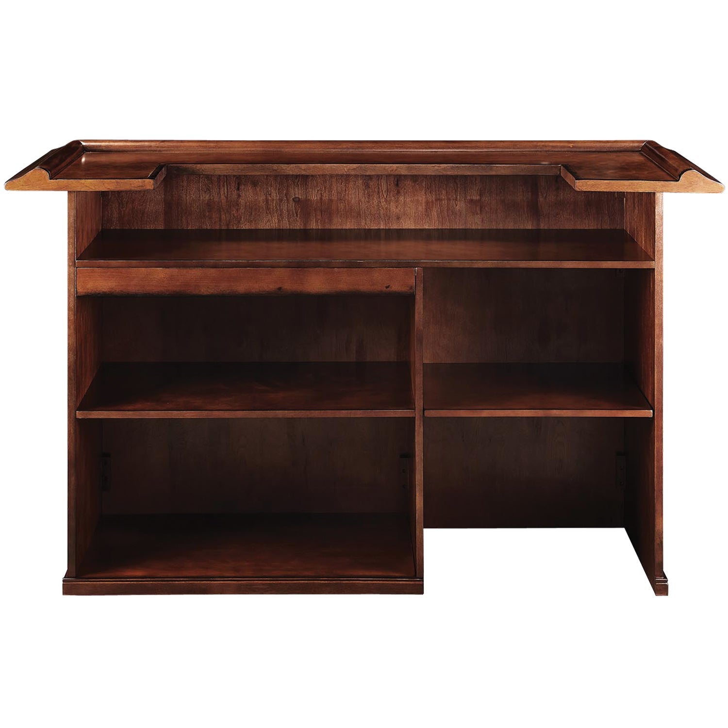 Rear view of the RAM Game Room 72" Bar - Chestnut with open shelves and storage compartments.