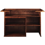 Rear view of the RAM Game Room 72" Bar - Chestnut with open shelves and storage compartments.