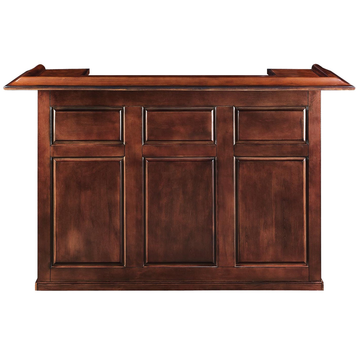 The RAM Game Room 72" Bar in chestnut features a paneled front and rich dark brown finish.