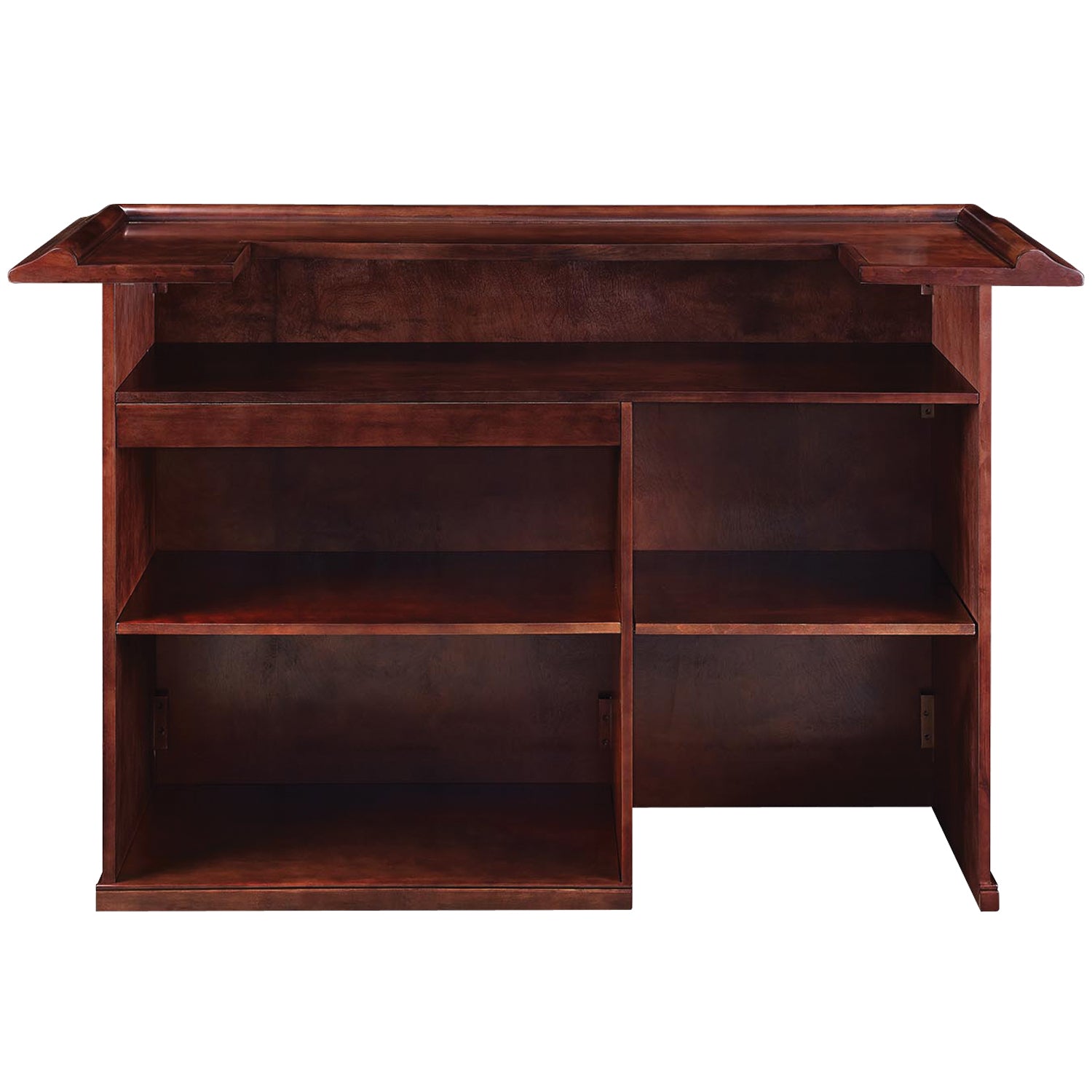 RAM Game Room 72" Bar - English Tudor with open shelves, paneled front, and countertop, rear view.