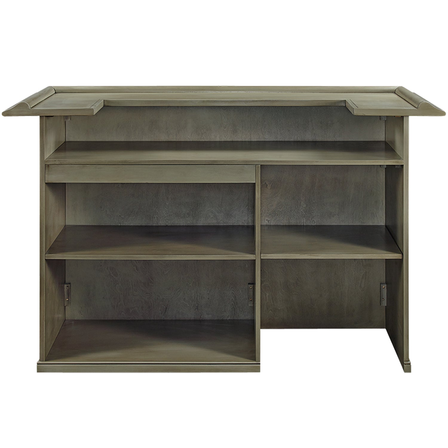 RAM Game Room 72" Bar in Slate with paneled front, open shelves, and divided storage.
