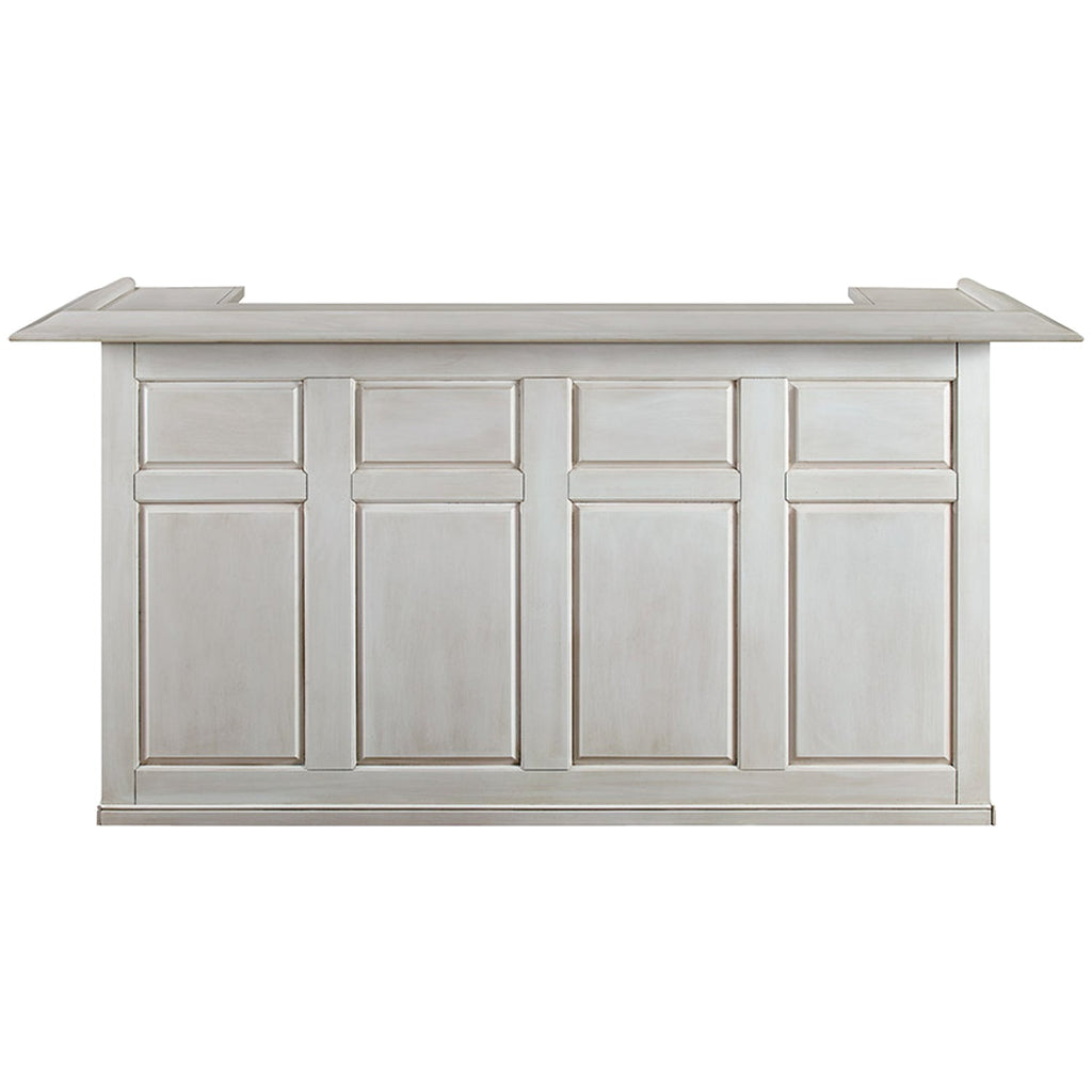 RAM Game Room 84" Bar in Antique White with recessed panels and wide countertop, front view.