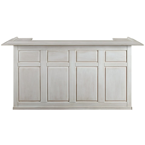 RAM Game Room 84" Bar in Antique White with recessed panels and wide countertop, front view.