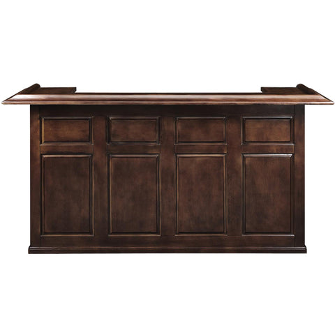 RAM Game Room 84" Bar in cappuccino finish with paneled front, shown on white background.