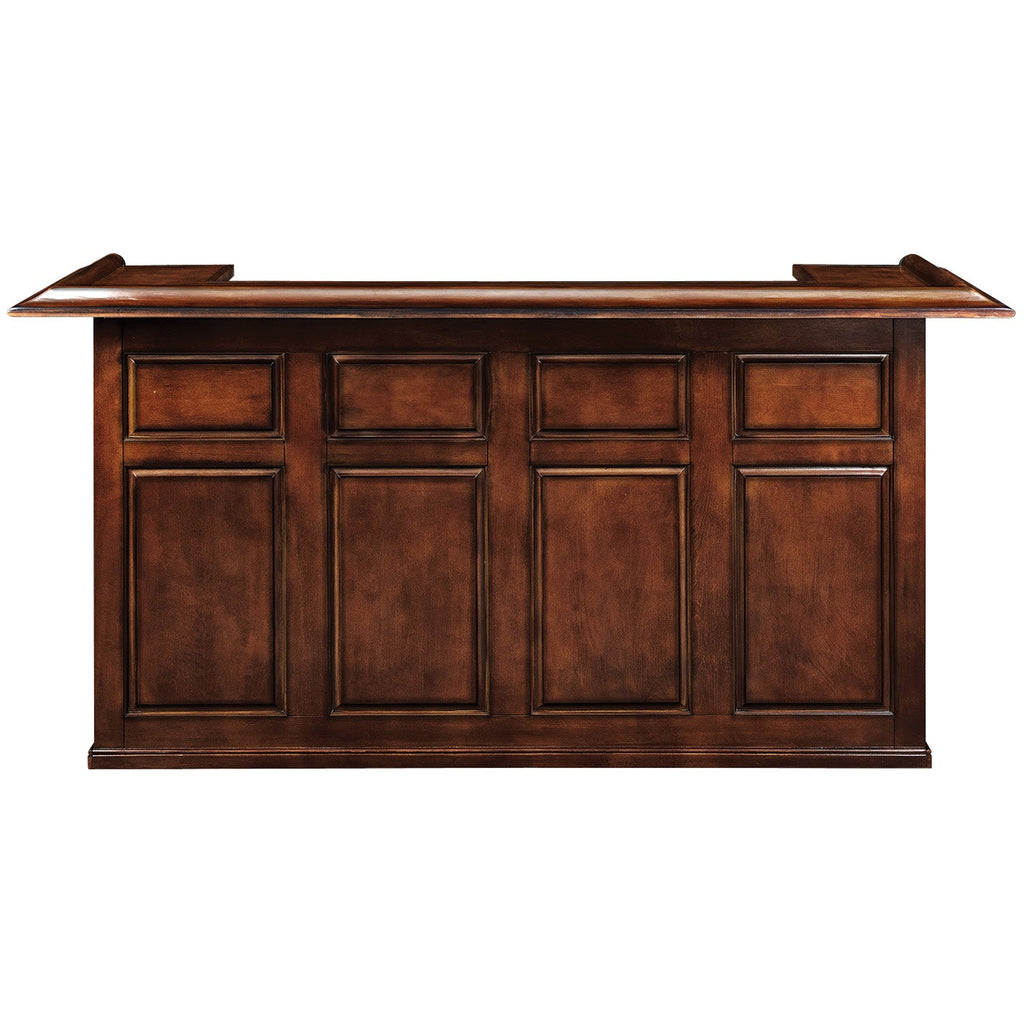 Front view of the RAM Game Room 84" Bar in chestnut finish with a paneled front.