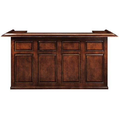 Front view of the RAM Game Room 84" Bar in chestnut finish with a paneled front.