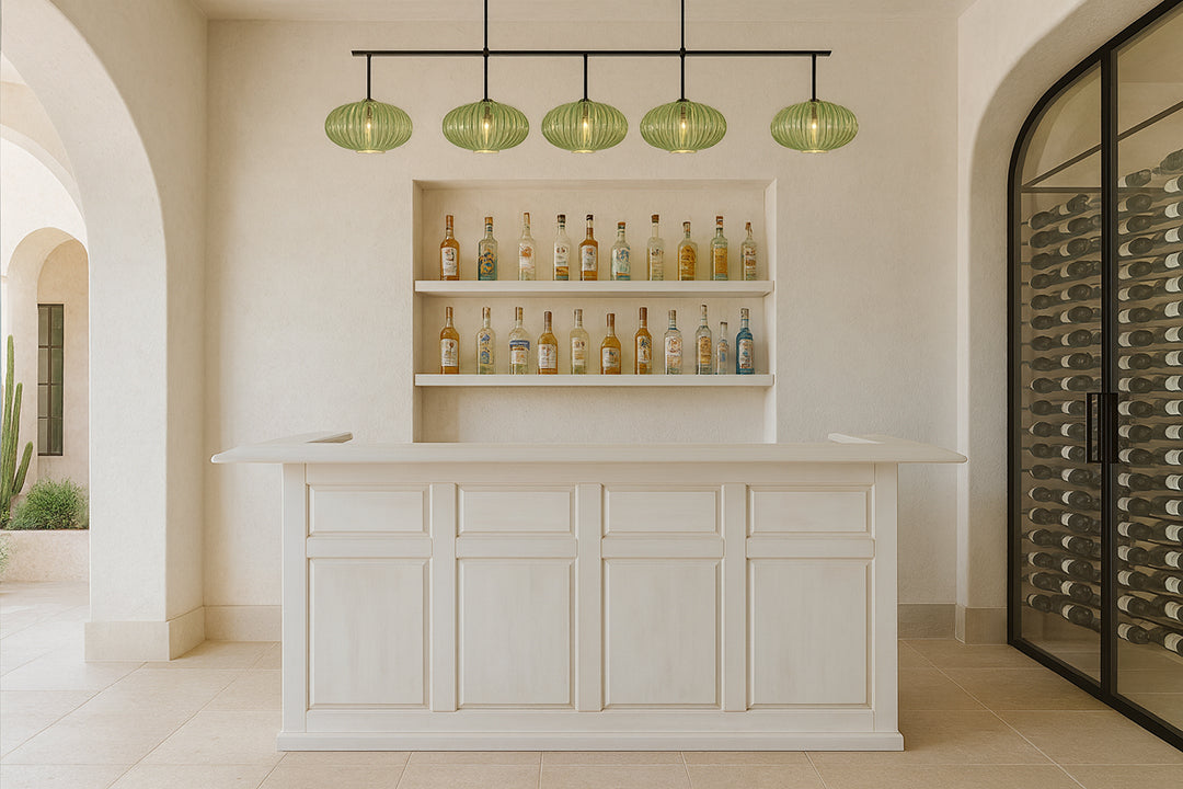 A minimalist home bar with the RAM Game Room 84" Bar in antique white and a wine wall on the right.