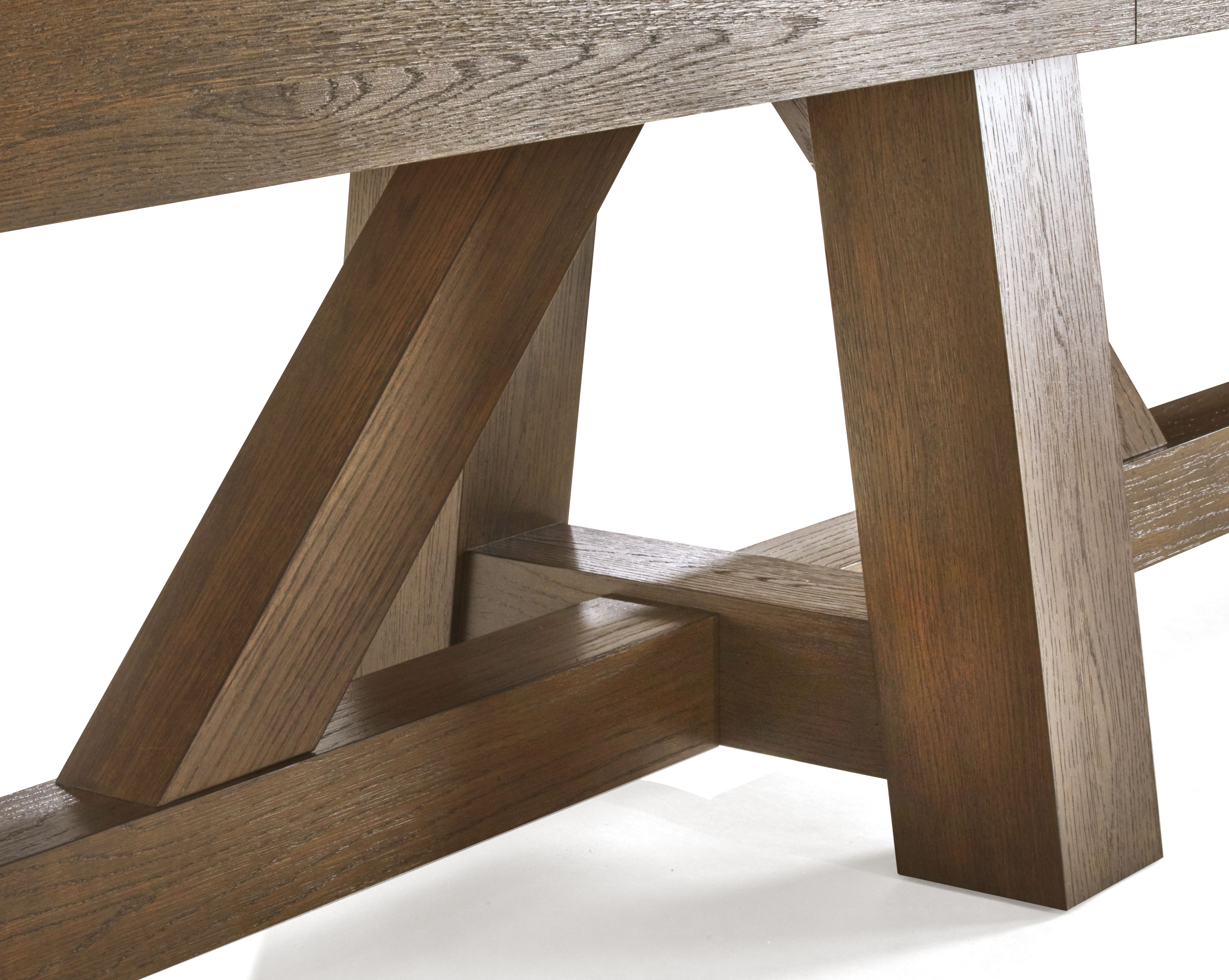 Close-up of Brunswick Billiards Botanic 12' Shuffleboard Table legs in rustic dark brown.