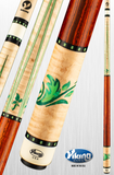 Vikna pool cue with green leaf design on a gray background