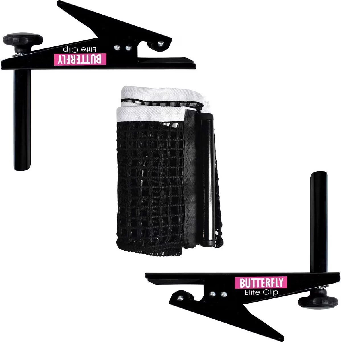 Butterfly Elite Clip table tennis net system on a white background