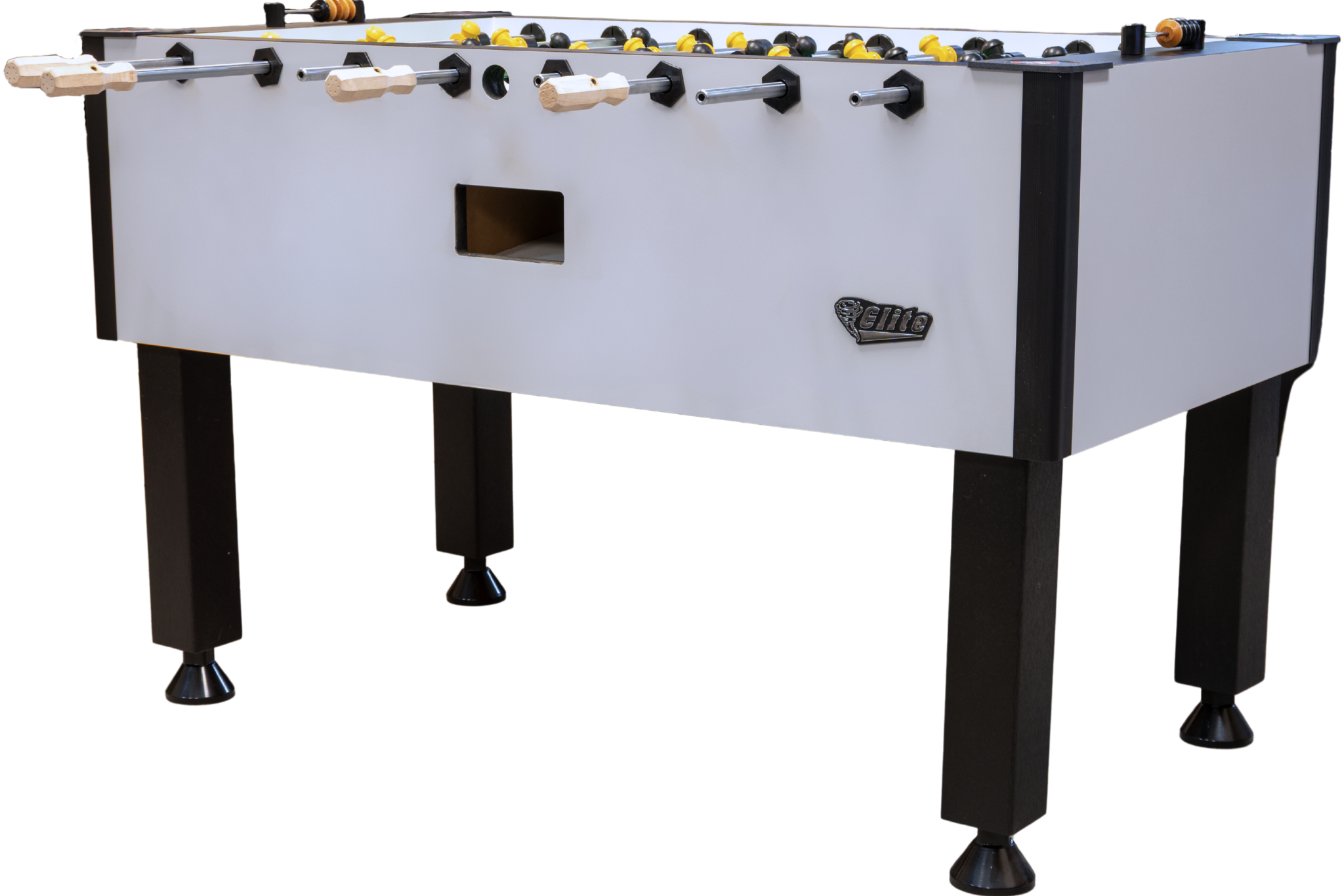 Tornado Elite II Foosball Table in Argent Frost with black legs and Elite label.