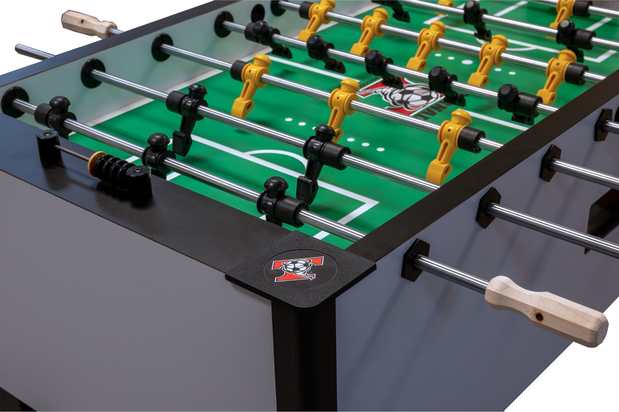 Tornado Elite II Foosball Table in Argent Frost by Tornado with yellow/black players, green field.