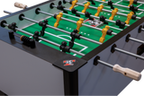 Tornado Elite II Foosball Table in Argent Frost by Tornado with yellow/black players, green field.