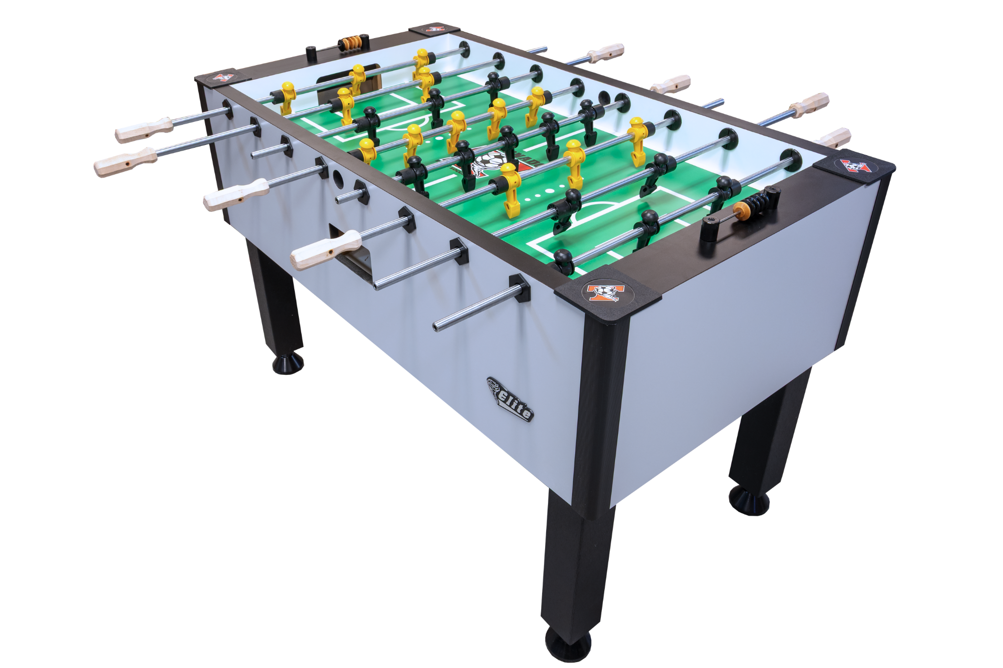 Tornado Elite II Foosball Table in Argent Frost with yellow/black players and eight rods.