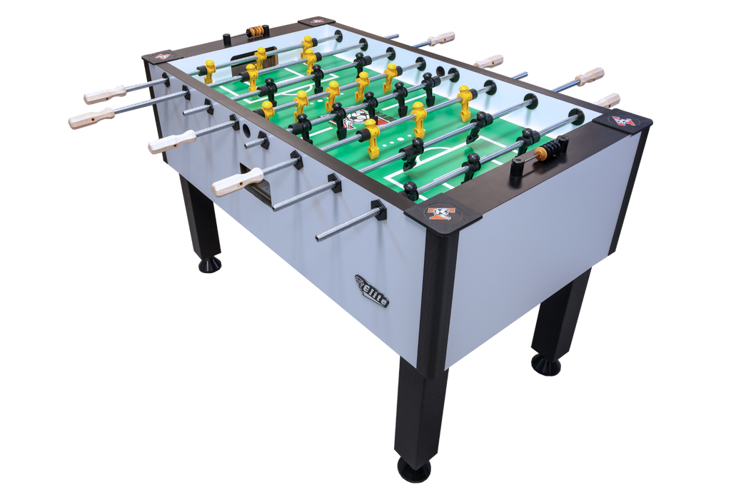 Tornado Elite II Foosball Table in Argent Frost with yellow/black players and eight rods.