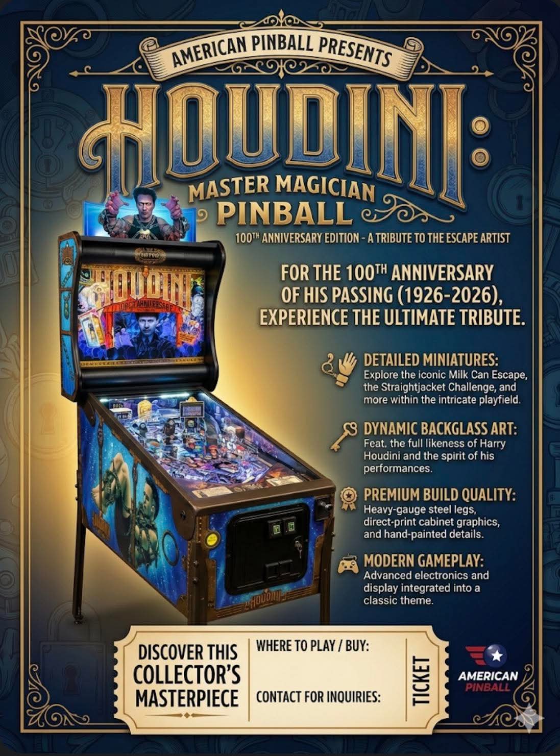 American Pinball Houdini 100th Anniversary Pinball Machine
