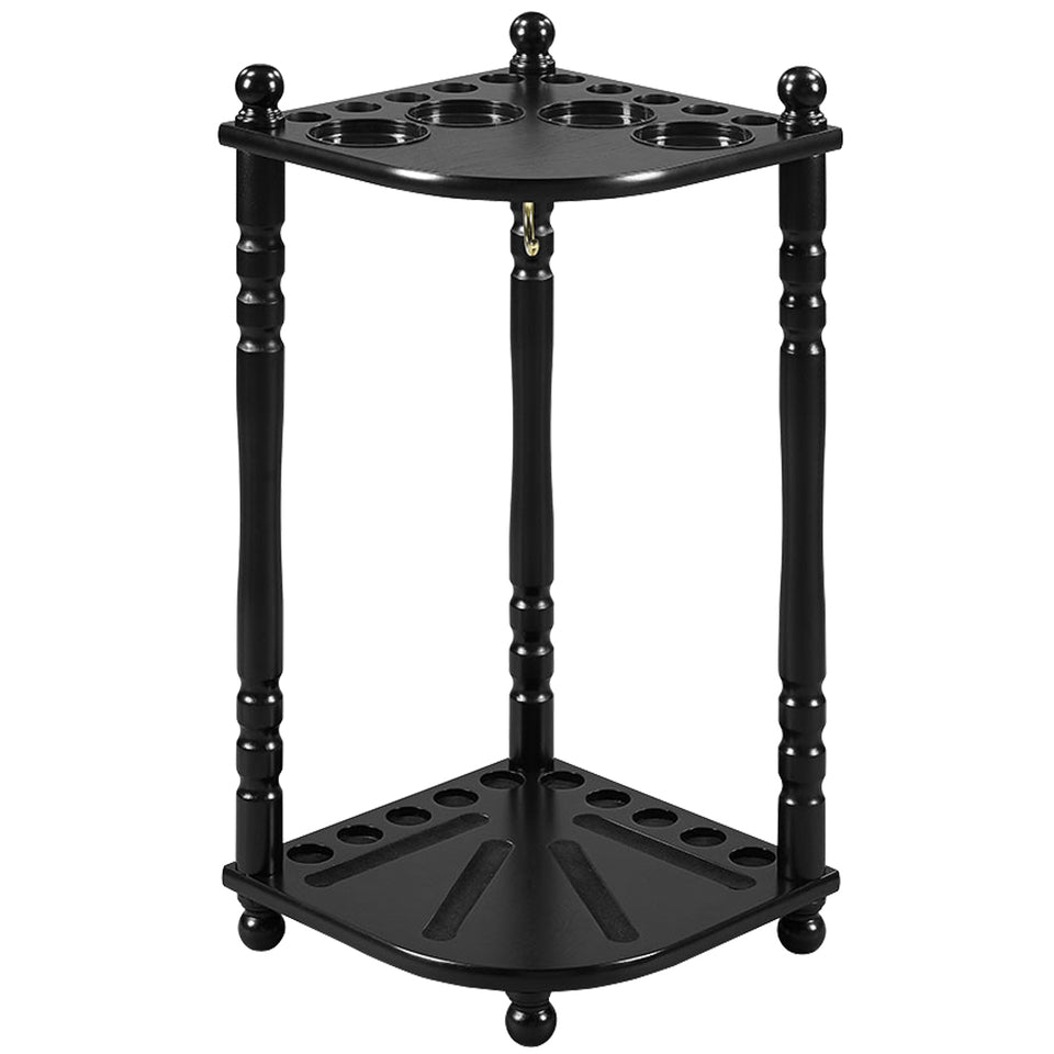 RAM Game Room Floor Cue Rack - Black: solid wood rack with two shelves and slots for cues.