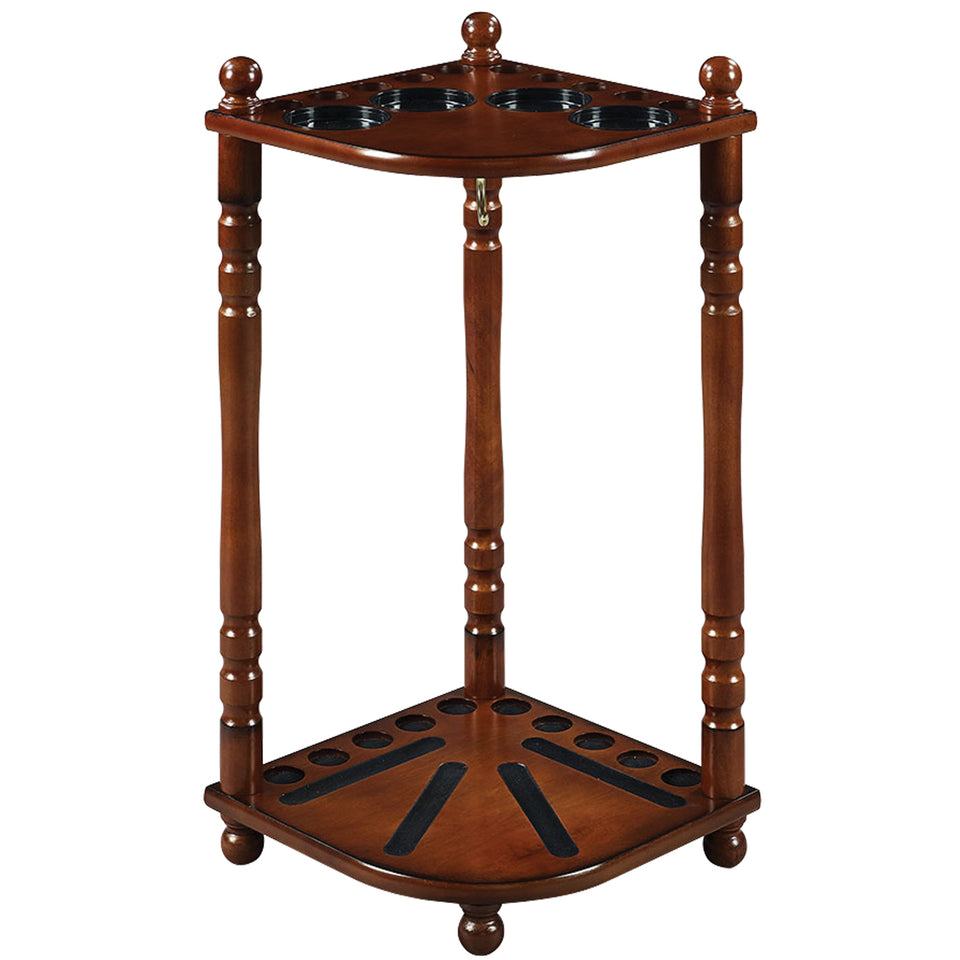 RAM Game Room Chestnut Floor Cue Rack holds 10 cues, features double shelf umbrella stand.