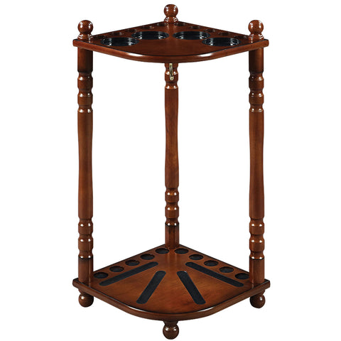 RAM Game Room Chestnut Floor Cue Rack holds 10 cues, features double shelf umbrella stand.